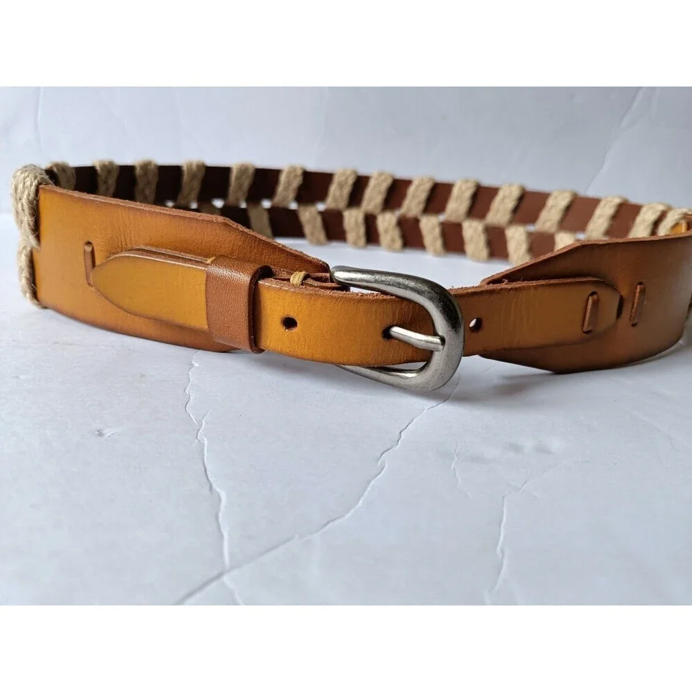 Linea Pelle Large Tan Leather Belt Silver Bohemian Eclectic Contemporary
